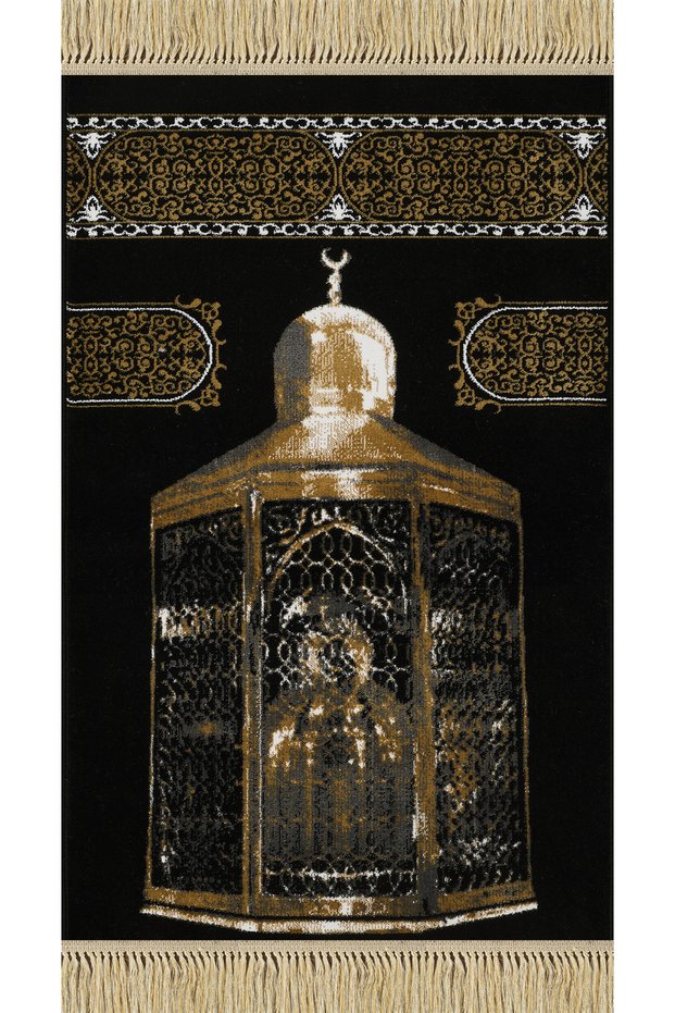 Luxurious Velvet Textured Thick Prayer Rug 1950Gr Heavy Woven & Cotton Base Black Gold Dowry Mat Non-Knurling Carpet Prayer Rug