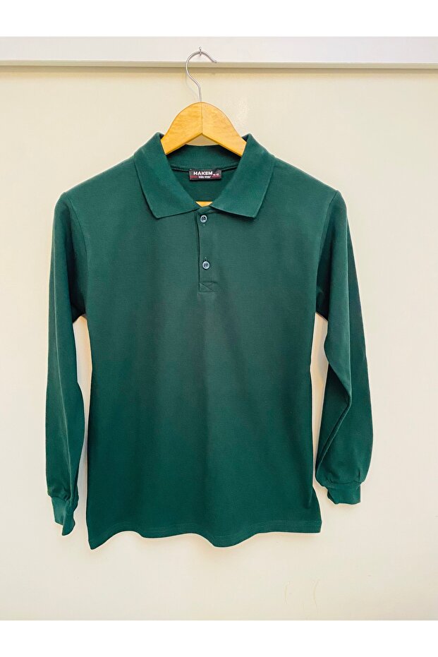 Polo Collar Long Sleeve Green Cotton School T-Shirt