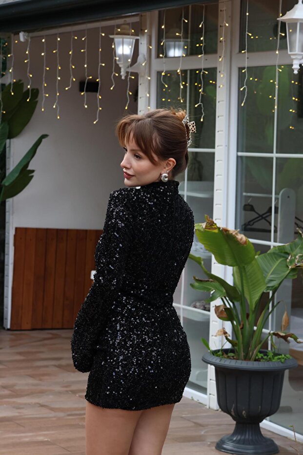 Siyah Dik Yaka Mini Elbise - 6