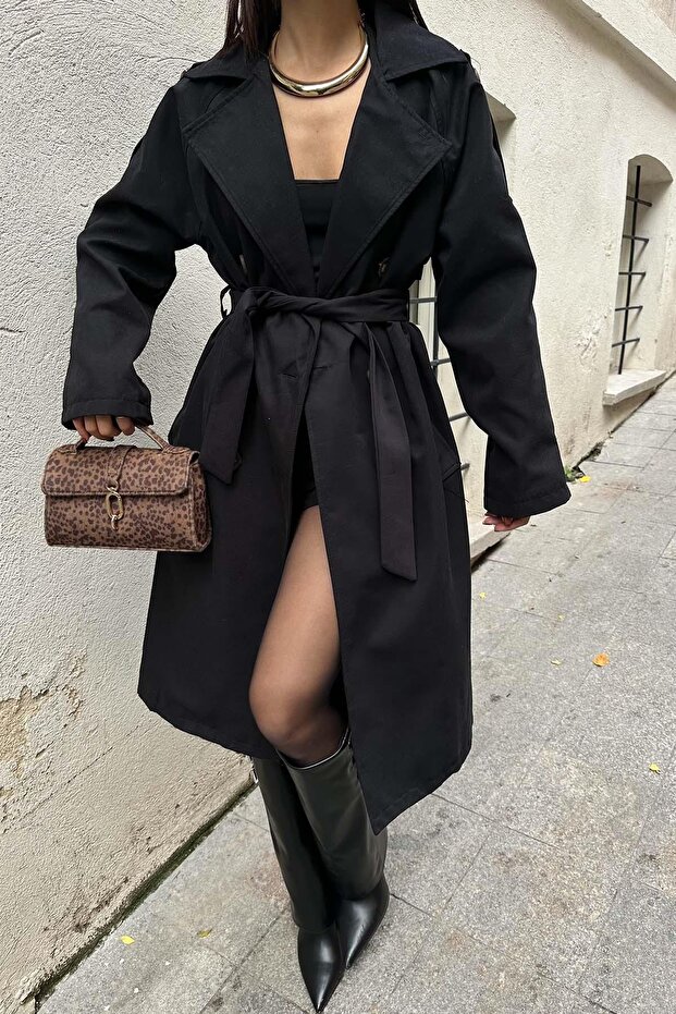 Women's Black Bondit Fabric Waterproof Trench Coat | Belted Mlb127