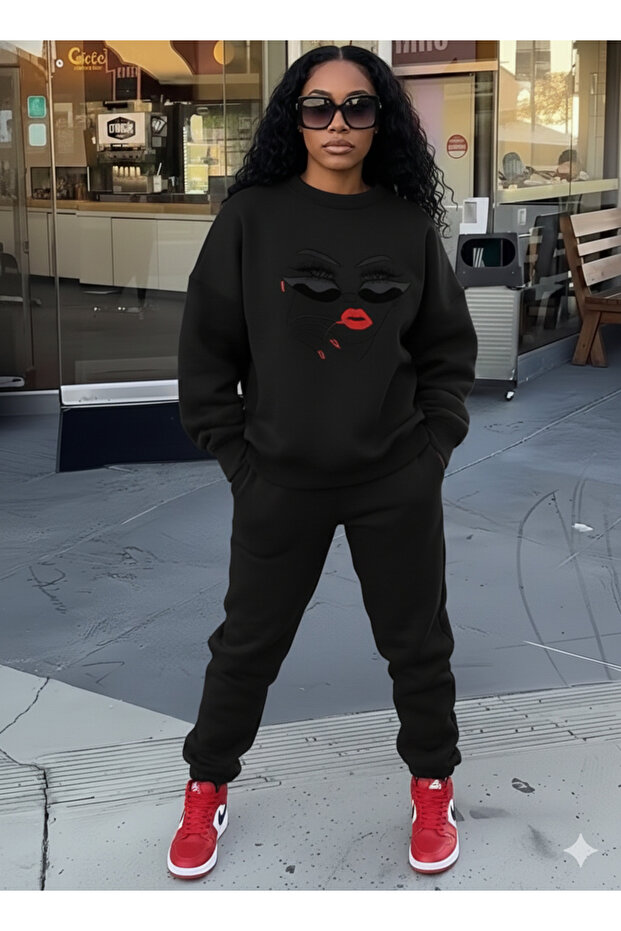Graphic Women's Design Printed Crew Neck Bottom Top Oversized Black Gray Tracksuit Set