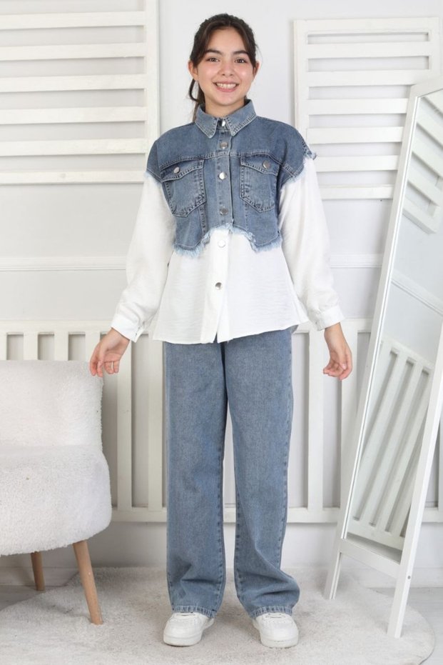 Girl's Denim Top and Bottom Set with Pants