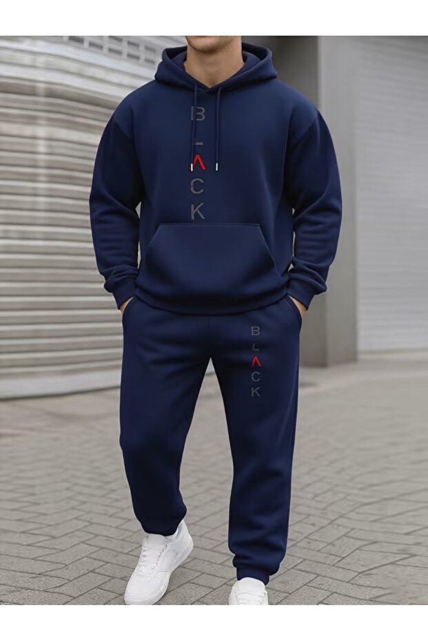 Tracksuit Set Sweatshirt Jogger - Oversized Fleece-Lined Mixed Printed Los Pars Blck Hooded
