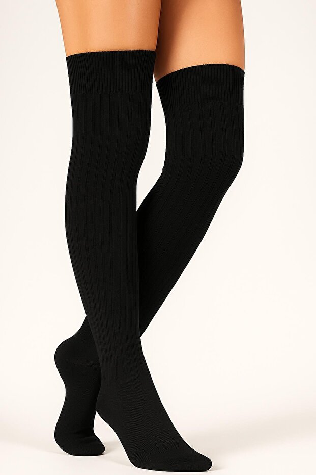 3 Çift Basic Lastikli Kalın Pamuk Karışımlı Diz Üstü Çorap - 3