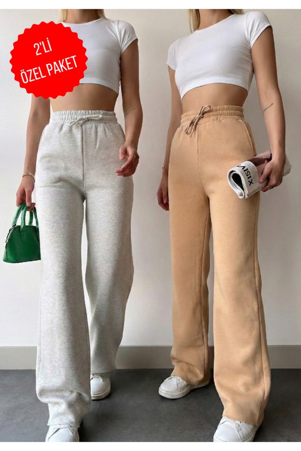 Women's 2-Pack Fleece-Lined Winter Lace-Up High-Waisted Wide-Leg Sweatpants