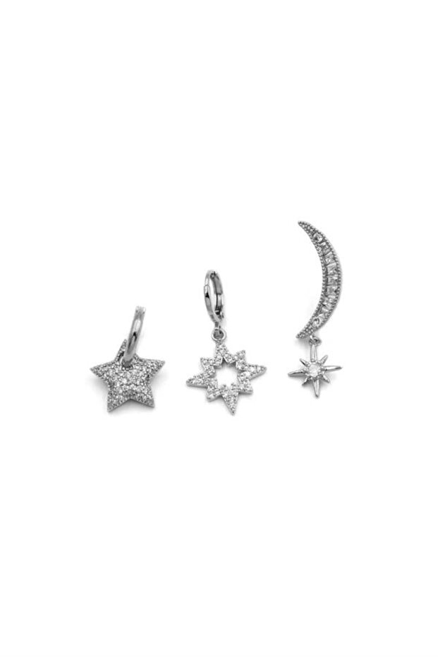 3-Piece Jewelled Hoop Earrings - Silver