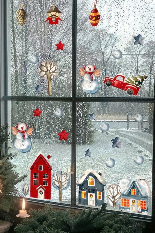 New Year Snowy Houses Wall Sticker Set - New Year Decoration Decor Set