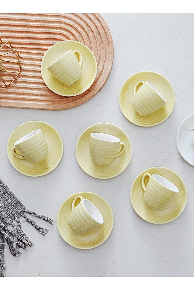 Round Linear Ceramic Cup and Saucer 100 ml 12-Piece (Lemon Yellow) -