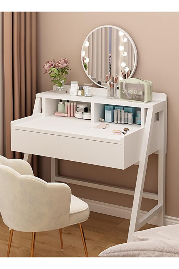 Simple Modern Vanity Table with LED Mirror, 60×40×126 cm (White) - 2