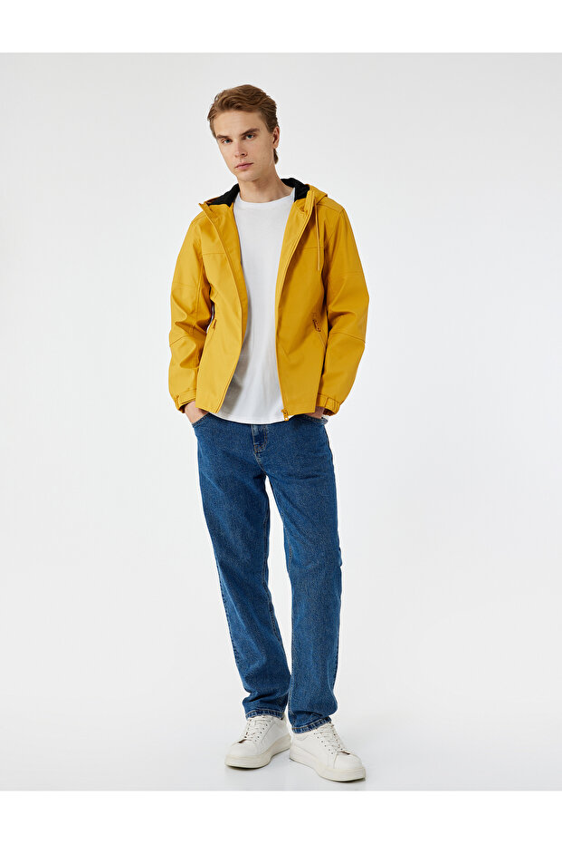 Long Sleeve Zippered Pocket Detailed Water Repellent Hooded Raincoat