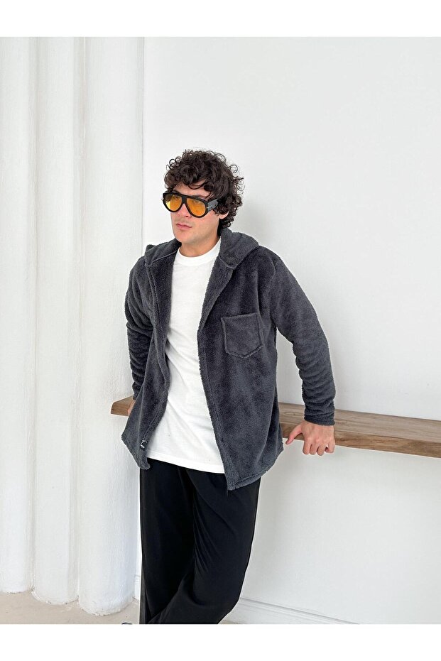 Unisex Anthracite Plush Shirt Collar Buttoned Double Pocket Regular Fit Wersoft Fleece Fabric