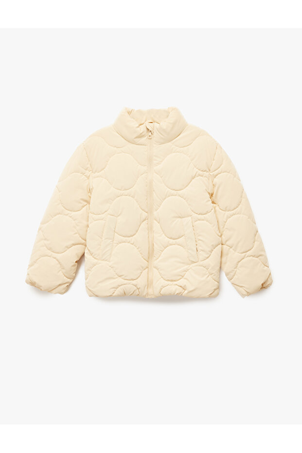 High Collar Zippered Long Sleeve Quilted Coat with Pockets