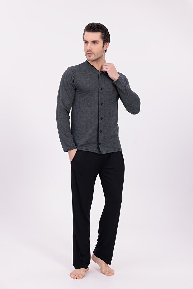 Men's Anthracite Buttoned Full-Length Special Design Jacquard Winter Long Sleeve Cotton Pajama Set