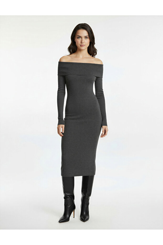 Long Sleeve Slim Fit Boat Neck Off-The-Shoulder Pencil Dress