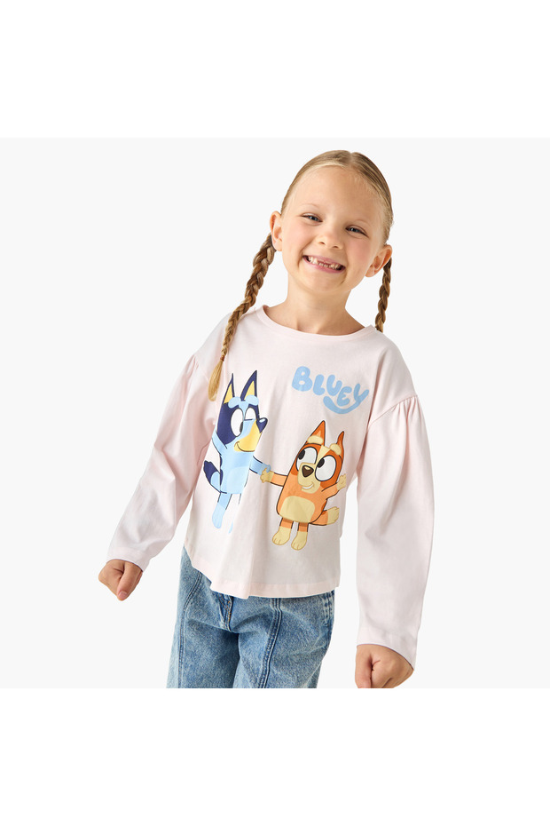 Bluey Girls Crew Neck T-shirt with Print - Cotton - Long Sleeves
