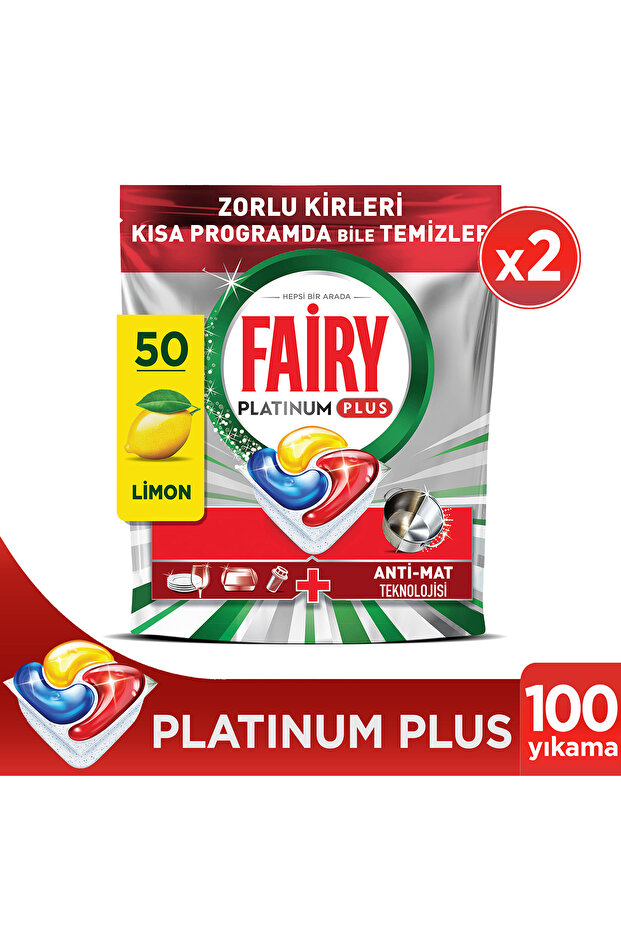 Fairy Platinum Plus Bulaşık Makinesi Deterjanı Kapsülü/Tableti 50 Yıkama Limon Kokulu x 2 Adet
