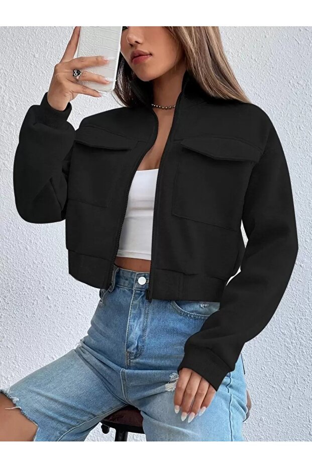 Women's Black Pocket Detail Short Jacket