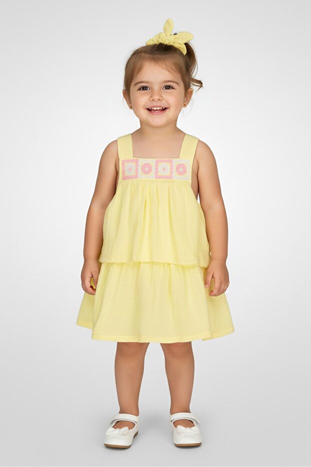 Toddlers Girl 2Pcs Embroidered Dress With Scrunchie, Yellow
