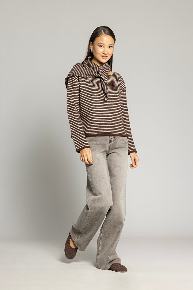 Striped scarf detail knit sweater