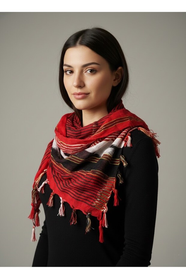 Women-Men Ethnic Patterned Tassel Detailed Scarf 90*85 cm