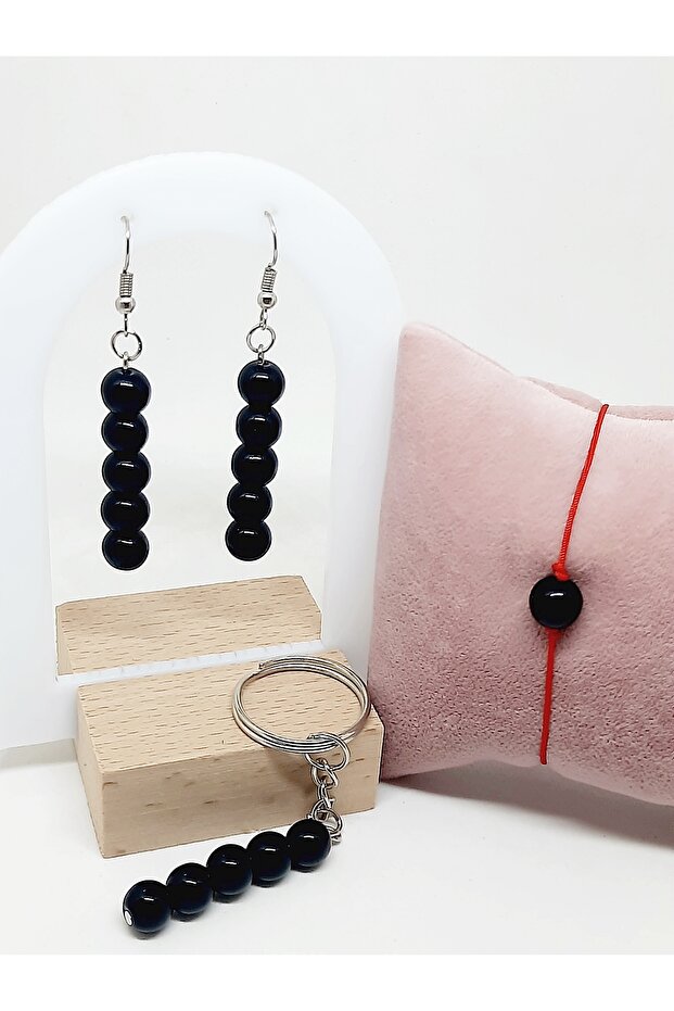 Shiny Onyx Earrings Keychain Rope Bracelet Set