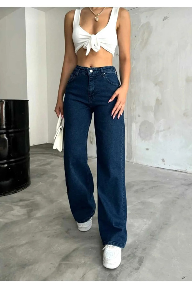 New Navy Blue Palazzo Stretch Fabric Women's Loose Casual Jean Denim Trousers-3