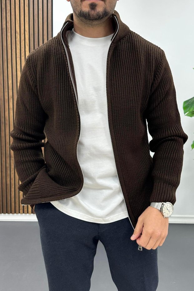 Men's Slim Fit zippered cardigan brown edw434