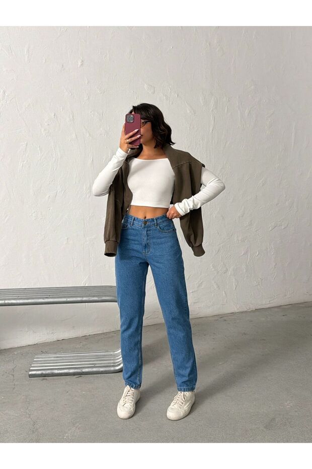 Blue High Waist Full Fit Mom Jeans