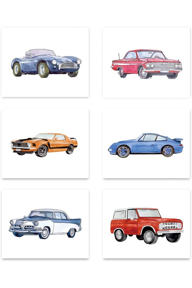 ALAYRA Classic Car Art Prints,Antique Car Poster,Retro Racecar Off-Road Vehicle Sports Car Canvas Wall Art for Teen Boy Bedroom Playroom Decor Set of 6 Unframed (8''x10'') Car20X25 CM