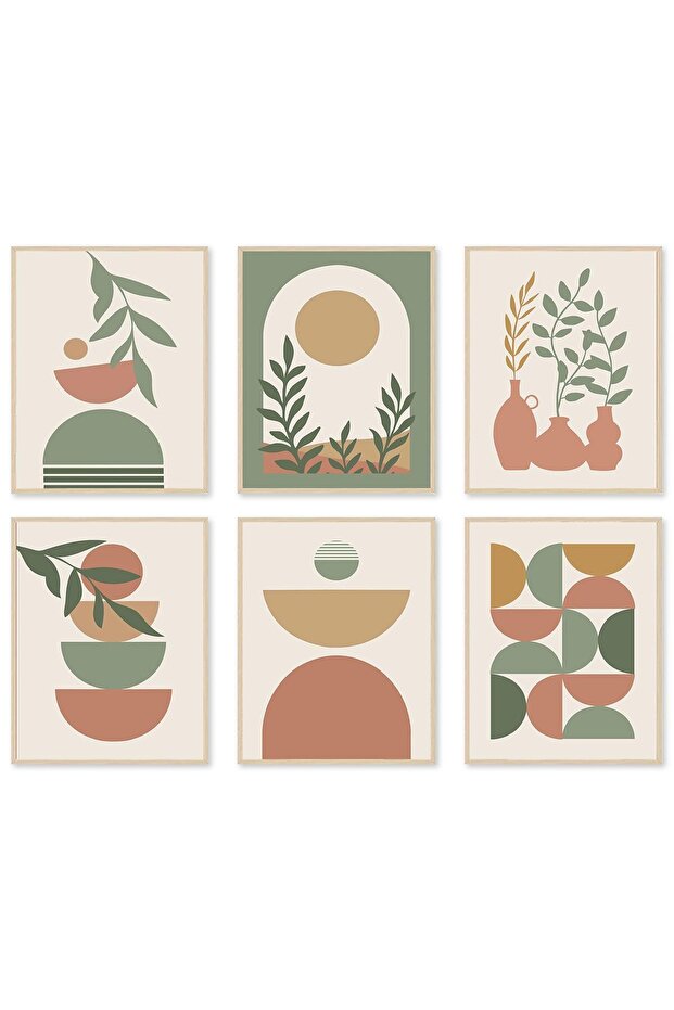 ALAYRA Boho Wall Art Prints Set of 6, Mid-Century Modern Prints, Neutral Geometric Boho Wall Decor Sun Moon Palm Leaf Beige Green Canvas Artwork, Minimalist Boho Poster Paintings20X25 CM