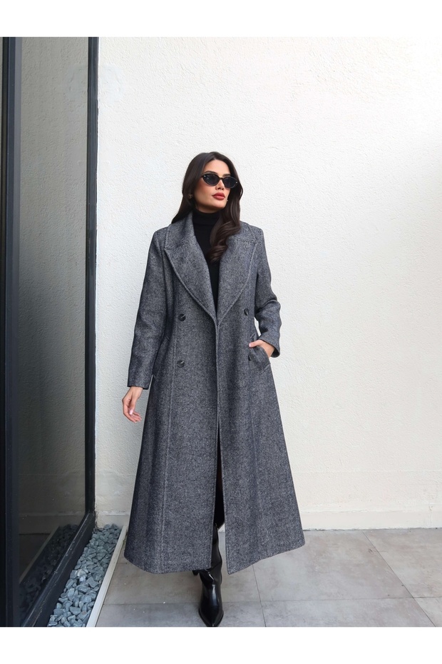 Herringbone Pattern Buttoned Long Coat - 2