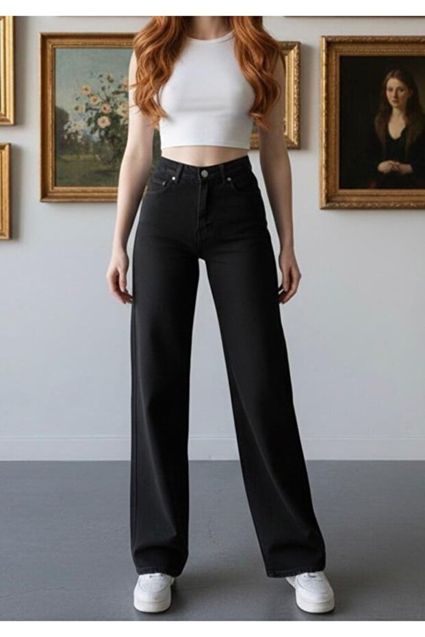 Deyzi High Waist Black Loose Jeans Stretchy Palazzo Stretch Fabric Denim Trousers
