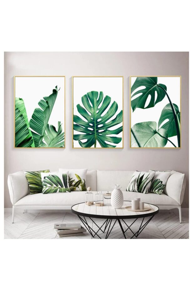 ALAYRA Modern Abstract Wall Art Tropical Leaf Monstera Leaf Palm Green Leaves Canvas Painting Posters Print Wall Pictures For Living Room Home Decoration,A/No Frame,/3Pcs40X60 CM