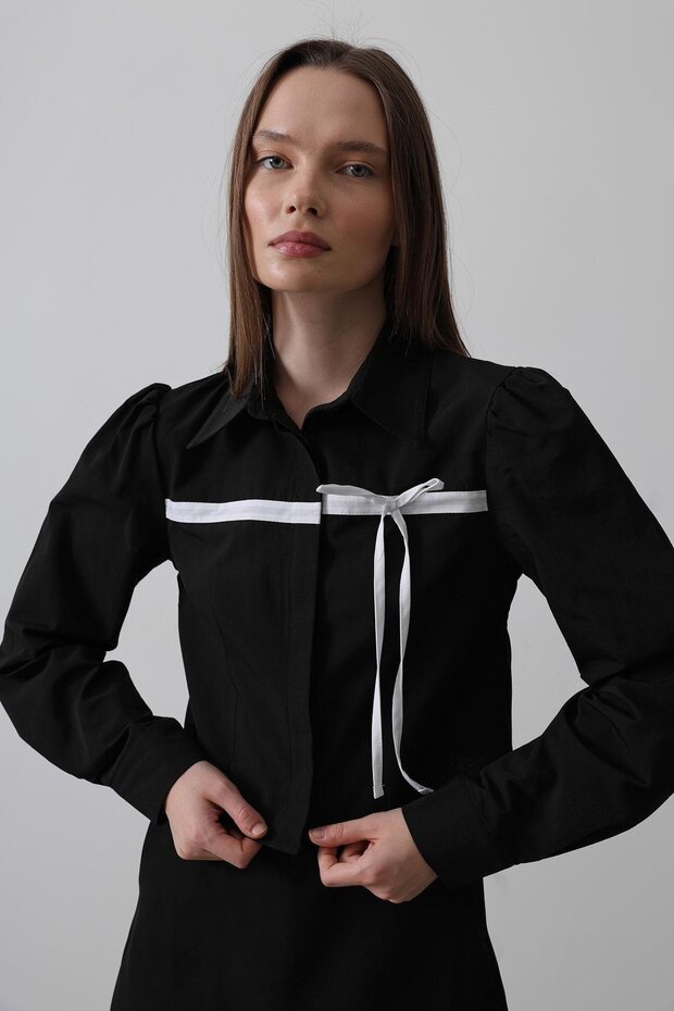 Women's Black Contrast Bow Front Shirt Vs00518