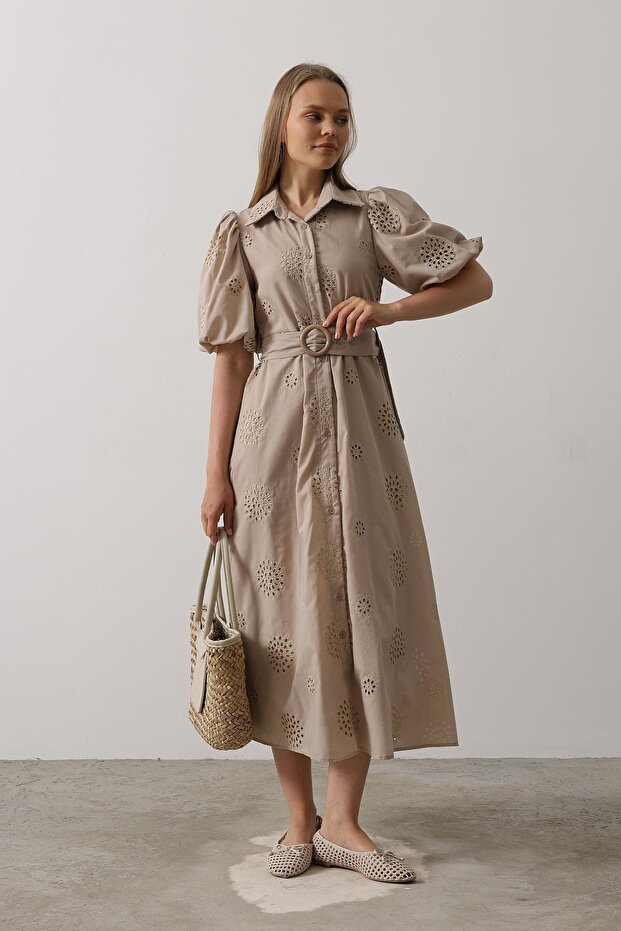 Women's Stone Balloon Sleeve Belted Embroidered Dress Vs00522