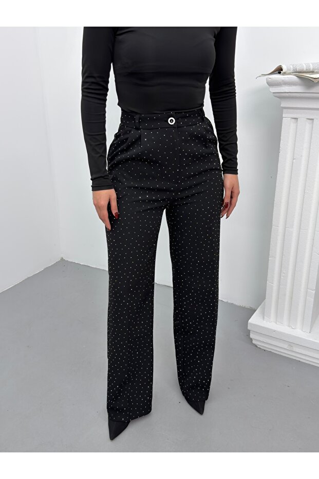 Stone Detailed High Waist Black Fabric Trousers