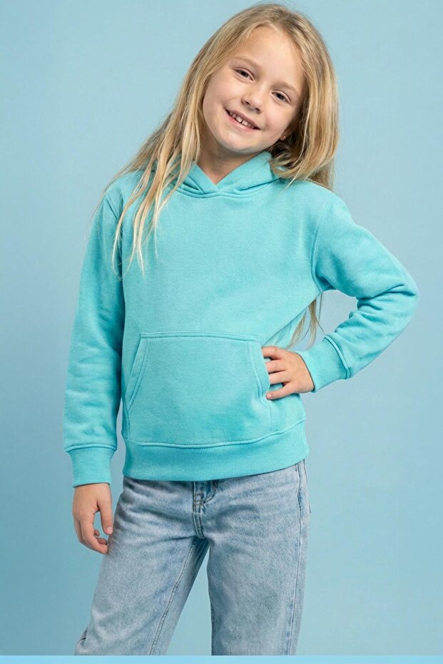 Unisex Hooded Kangaroo Pocket Fleece-Lined Winter Sweatshirt - Water Green