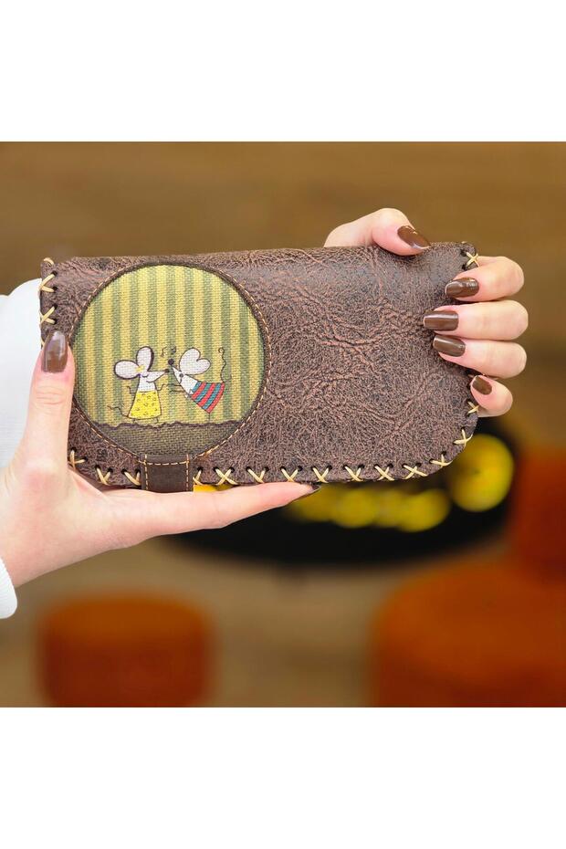Large Wallet with Dancing Mouse Figure Ethnic Bohemian Retro Vintage Style - Brown