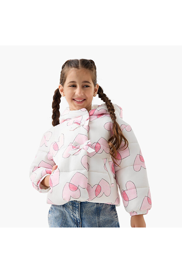 Heart Print Hooded Heavy Jacket with Long Sleeves