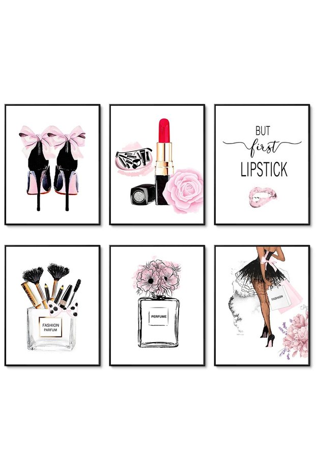 ALAYRA Pink Room Decor Fashion Wall Art Prints Set of 6 Pink Flower Perfu Lipstick Makeup Art Posters Girls Makeup Room Decor for Bedroom Decor (11"x14" UNFRAMED)35.6X27.9 CM