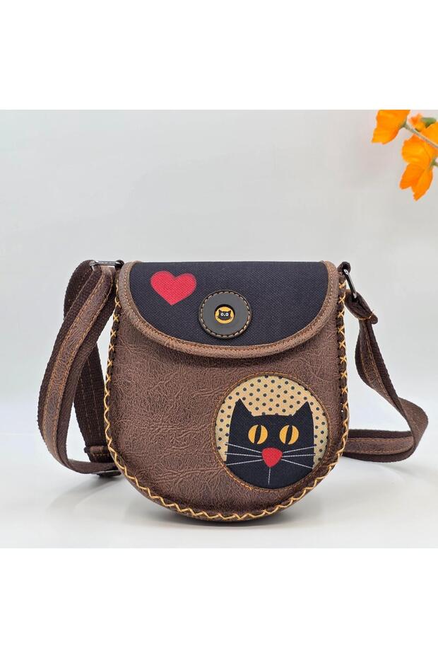 Cross Braided Shoulder Bag with Cat Love Figure Ethnic Bohemian Style - Brown