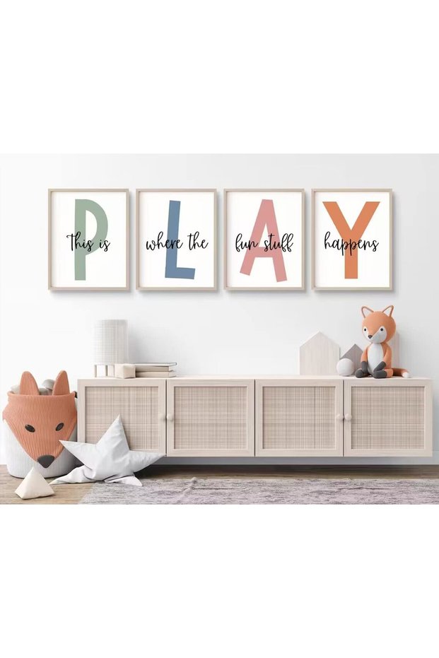 ALAYRA Kids Playroom Wall Art Boys Room Wall Decor Childrens Playroom Canvas Prints Baby Boy Kids Room Poster Decor Toddler Nursery Print Artwork Let'S Play Sign Set of 4 UNFRAMED30X40 CM