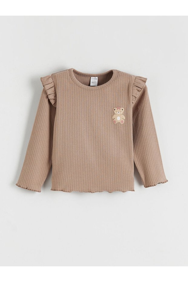 Peak New Season Brown Crew Neck Teddy Bear Embroidered Baby Girl Long Sleeve