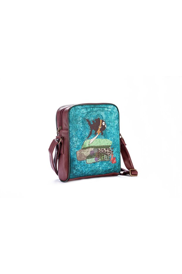 Large Postman Shoulder Bag with Small Black Fish Figure Ethnic Bohemian Style - Burgundy
