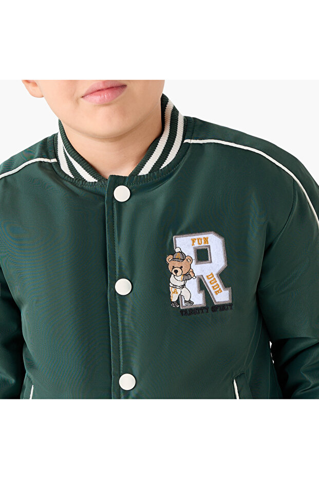 جاكيت بومبر مزين بتطريزات تيدي مع إغلاق بأزرار - 4