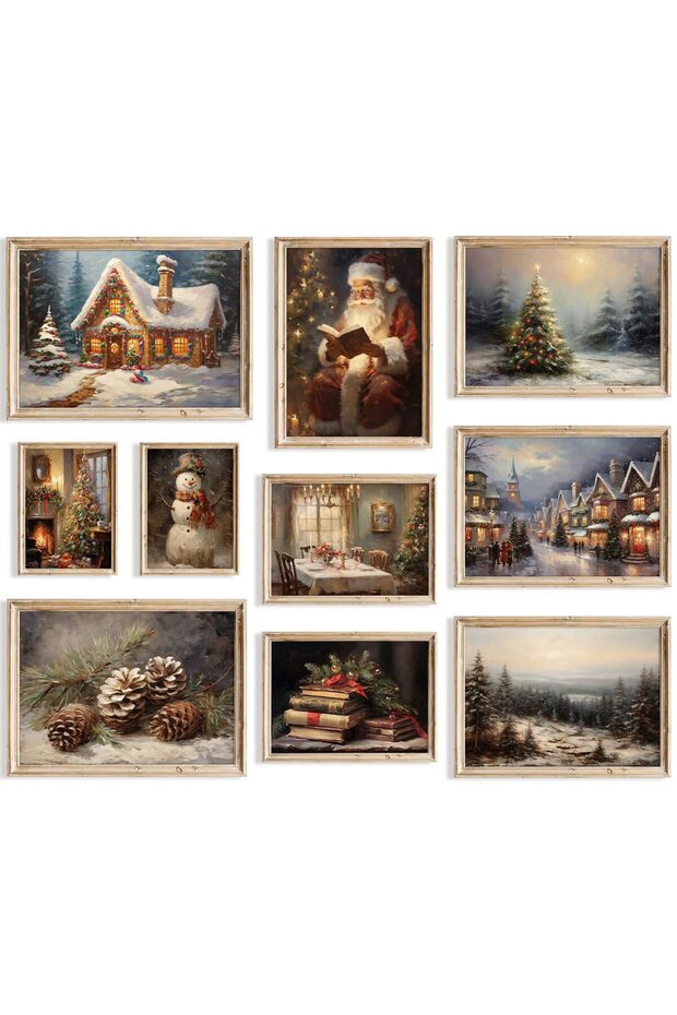 ALAYRA Christmas Wall Art Prints Set of 10, Winter Christmas Picture Wall Decor Santa Xmas Tree Forest Canvas Artwork, Snow Scene Street Christmas Aesthetic Posters for Bedroom,30X40 CM