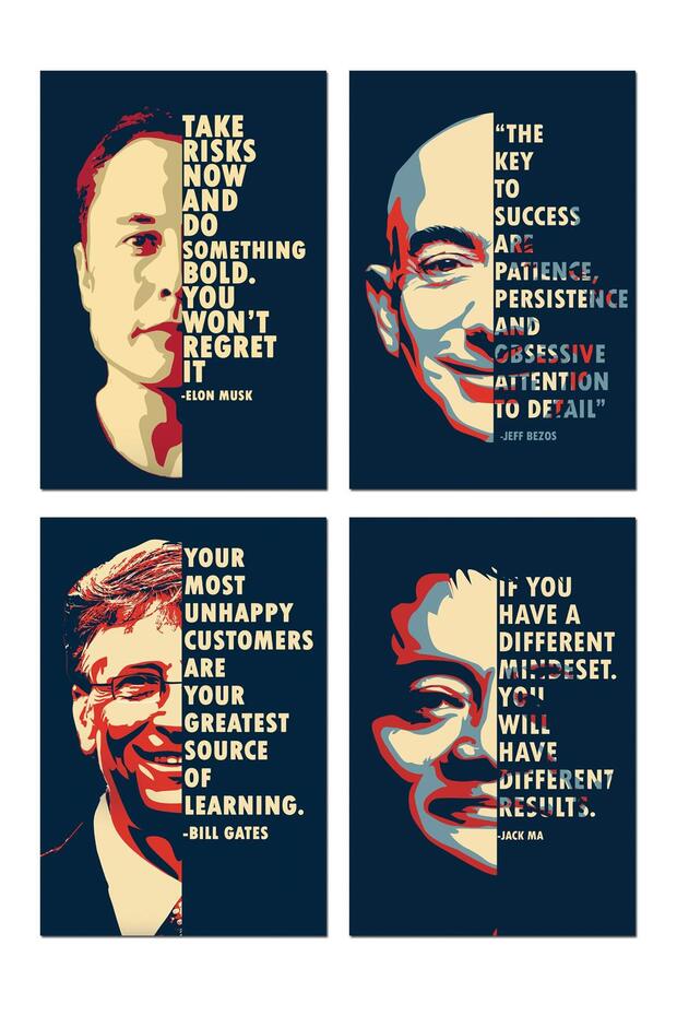 ALAYRA Combo Jeff Bezos Jack Ma Elon Musk Bill Gates Motivational Quote Poster () For Room Office School Student Kids Home wall Decoration Bedroom Hotel Living Gift sticker Boys48.3X33 CM
