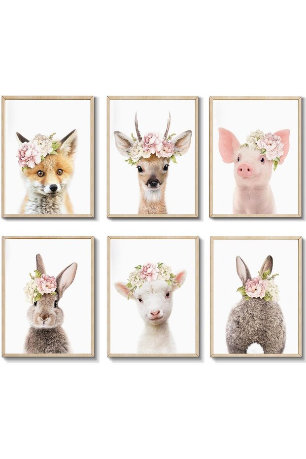 ALAYRA Baby Animal Posters and Prints Rabbite Piglet Deer Fox Canvas Painting Nursery Pig Wall Art, Piglet Print Wall Art Nordic Picture Kids Room Decoration YMX013 (12"X16"())30X40 CM