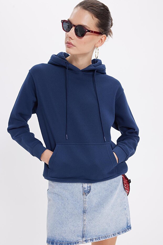 Women's Relax Fit Comfortable Cut Cotton Hooded Kangaroo Pocket Navy Blue Sweatshirt