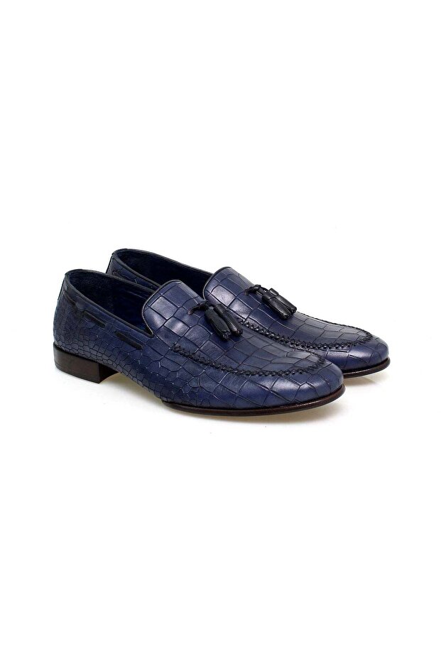 Dark Blue Color Laceless Genuine Leather Men's Shoes